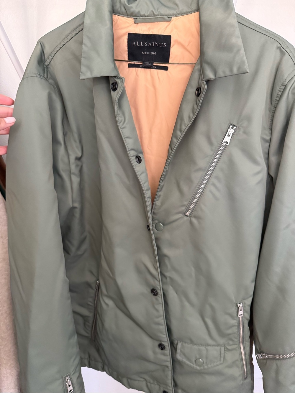 AllSaints Olive Green Bomber Jacket with Contrast Lining